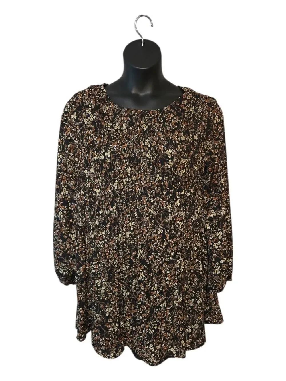 June & Hudson Floral Pleated Midi Dress Brown Black Size Medium